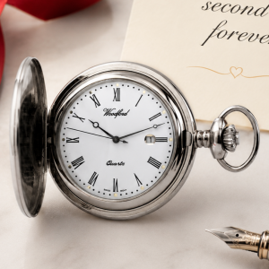 Chrome Plated Full Hunter Date Display Quartz Pocket Watch with Chain (46mm)