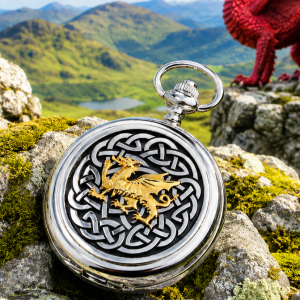 Welsh Chrome & Pewter Full Hunter Quartz Pocket Watch Knotwork with Chain
