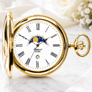 Gold Plated Half Hunter Moon Dial Quartz Pocket Watch Phase with Chain