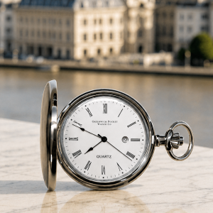 Chrome Plated Full Hunter Date Display Quartz Pocket Watch Blenheim with Chain