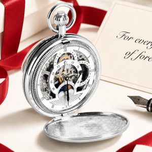 Chrome Plated Double Hunter Mechanical Pocket Watch with Chain