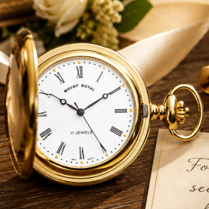 Gold Plated Half Hunter Mechanical Pocket Watch with Chain