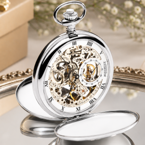 Chrome Plated Double Hunter Mechanical Pocket Watch with Chain