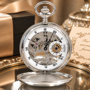 Sterling Silver Double Hunter Mechanical Pocket Watch With Chain
