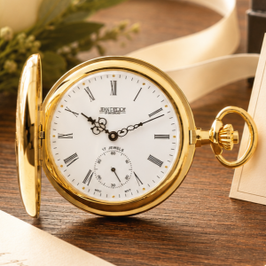 Gold Plated Half Hunter Mechanical Pocket Watch with Chain (48mm)