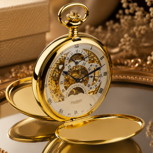 Gold Plated Double Hunter Dual Time Mechanical Pocket Watch Moondial with Chain