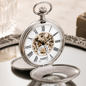 Chrome Plated Double Half Hunter Mechanical Pocket Watch Heartbeat Window with Chain