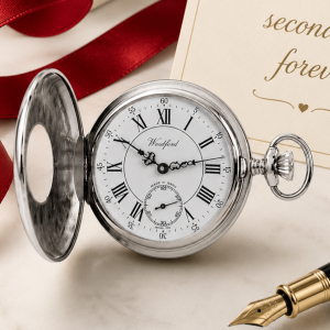 Chrome Plated Half Hunter Swiss Mechanical Pocket Watch with Chain