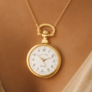 Gold Plated Open Face Quartz Pendant Necklace Watch With Chain