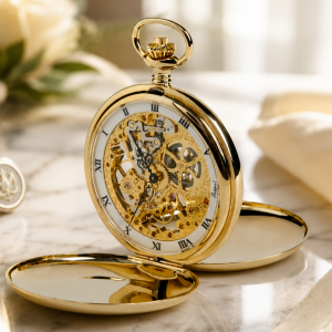 Gold Plated Double Hunter Mechanical Pocket Watch with Chain (PW90)