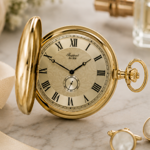 Gold Plated Full Hunter Quartz Pocket Watch Champagne with Chain