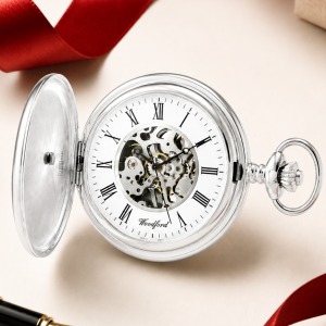 Sterling Silver Full Hunter Skeleton Dial Mechanical Pocket Watch