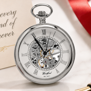 Chrome Plated Open Face Skeleton Dial Mechanical Pocket Watch with Chain (50mm) (W1084)