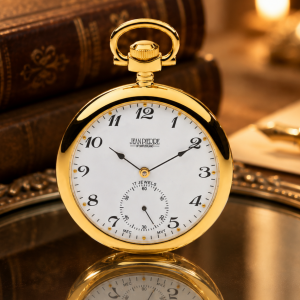 Gold Plated Open Face Mechanical Pocket Watch with Chain (Arabic Numerals)
