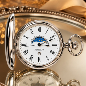 Chrome Plated Double Half Hunter Moon Dial Quartz Pocket Watch with Chain