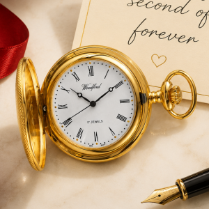 Gold Plated Half Hunter Mechanical Pocket Watch with Chain (46mm) (W1056)