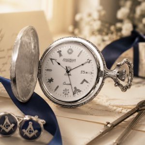 Full Hunter Silver Plated Antique Masonic Quartz Pocket Watch With T-Bar Chain